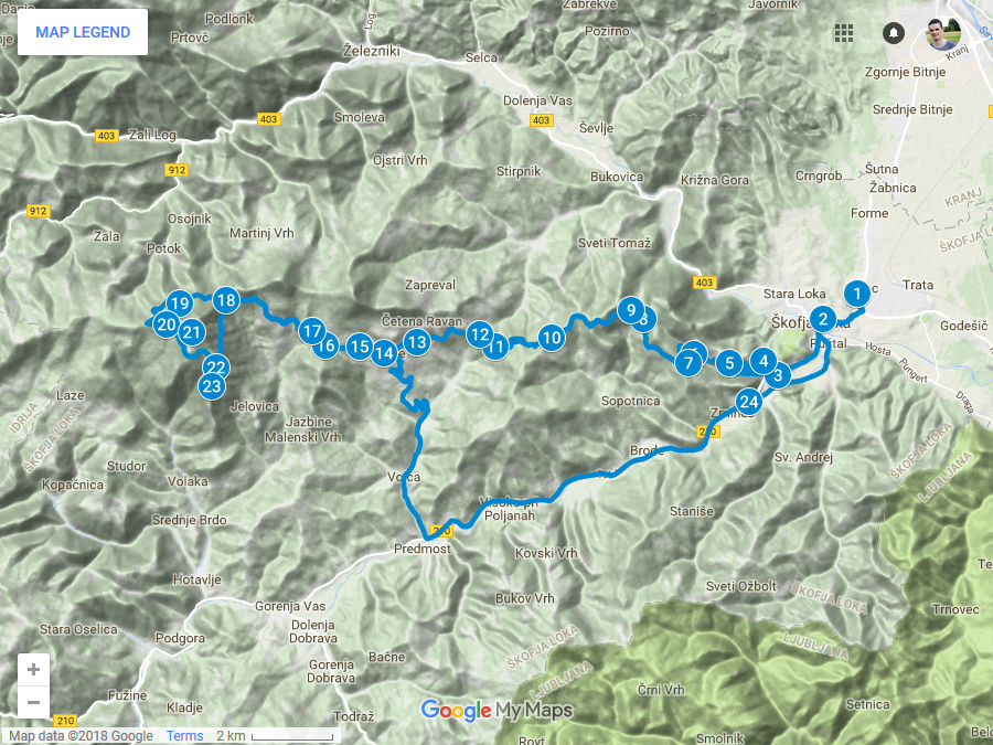 Zemljevid poti iz Škofje Loke do Blegoša