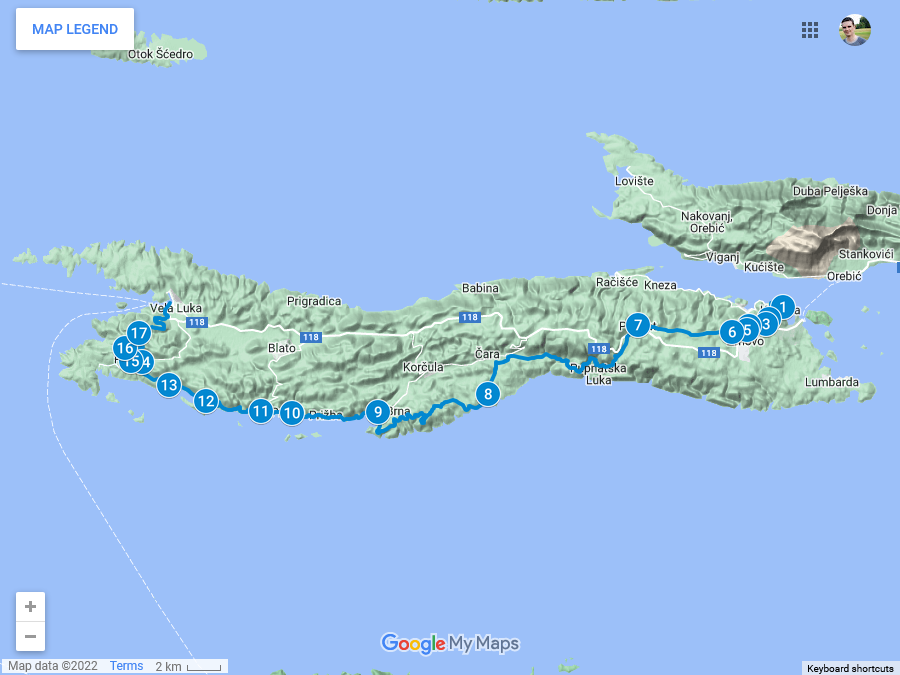 Zemljevid poti po Korčuli