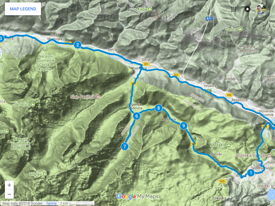 Zemljevid poti do Kranjske Gore in Krme