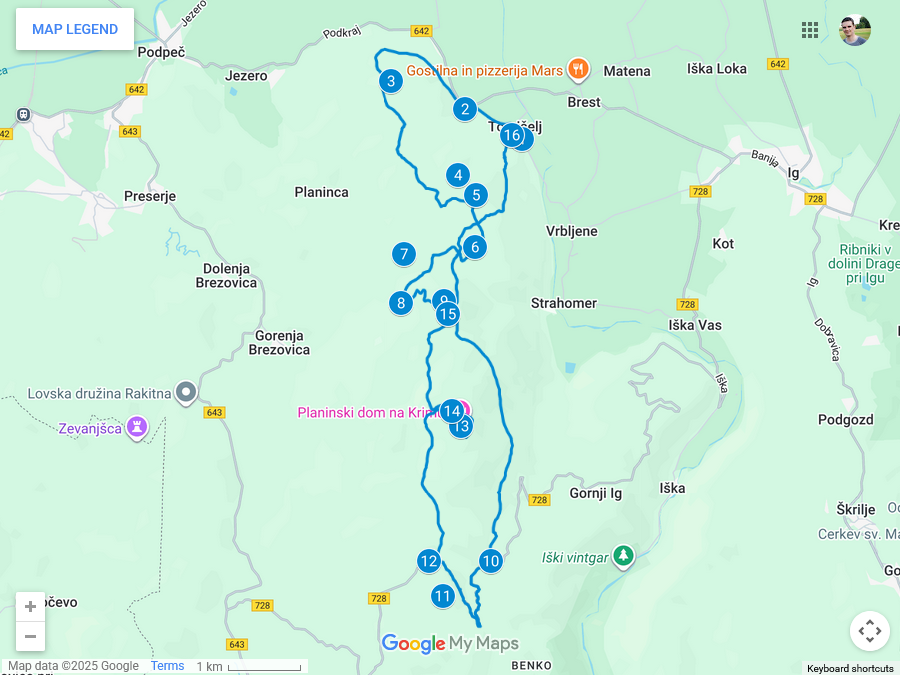 Zemljevid poti iz Tomišlja do Krima