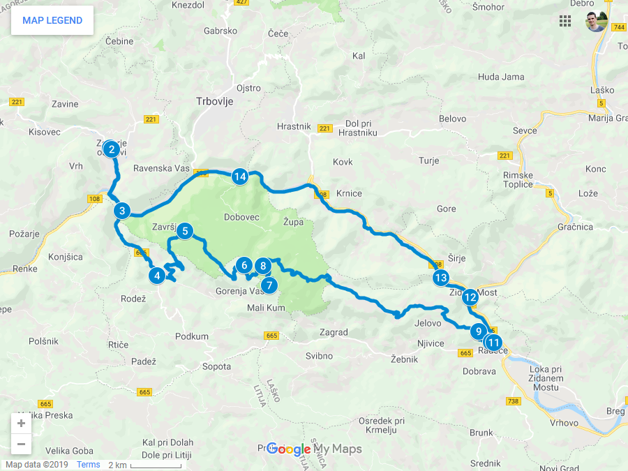 Zemljevid poti od Zagorja na Kum