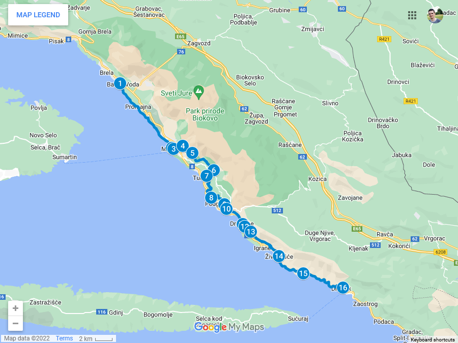 Zemljevid poti po Makarski