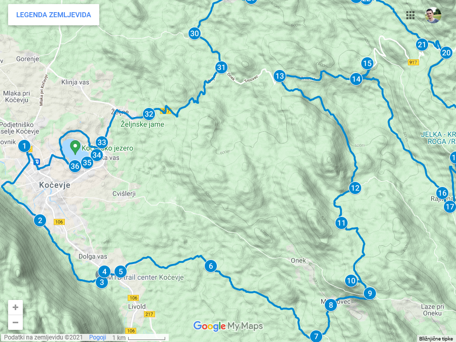 Zemljevid poti iz Kočevja na Rajhenav