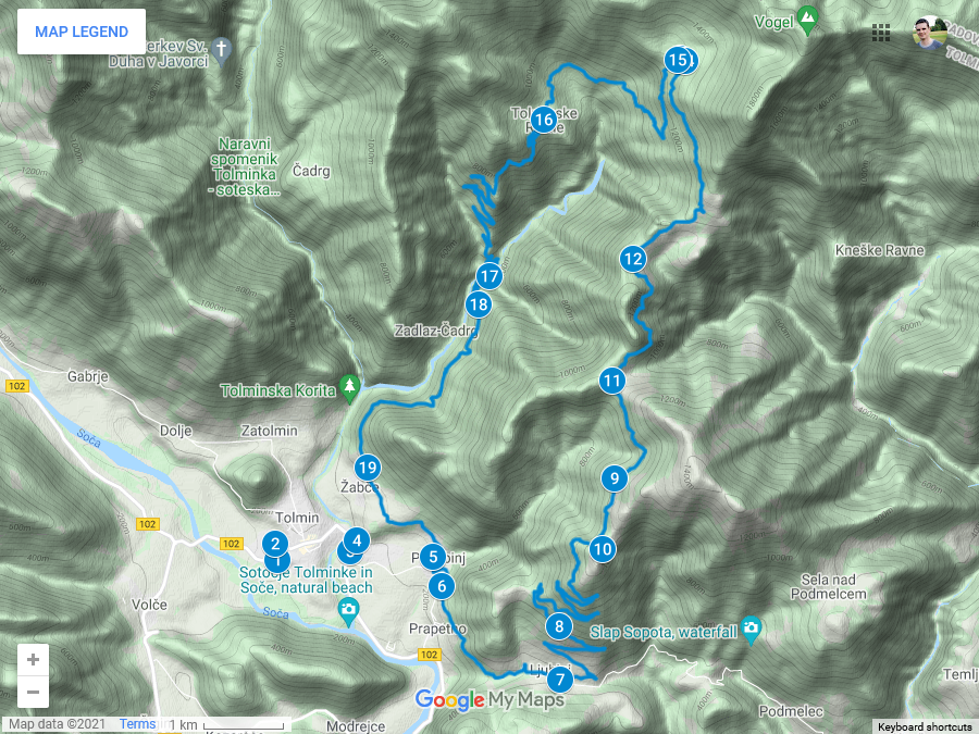 Zemljevid poti iz Tolmina na Razor