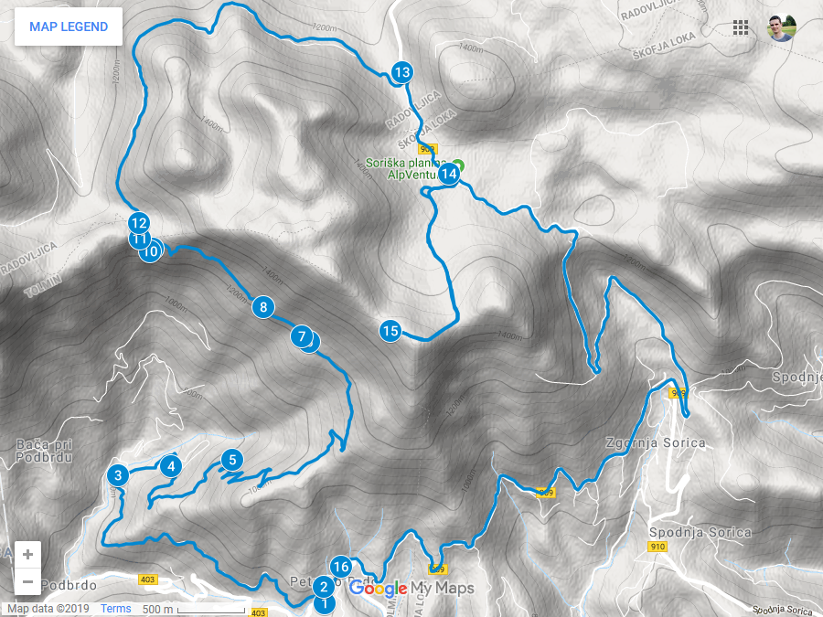 Zemljevid poti na Soriško planino iz Petrovega Brda