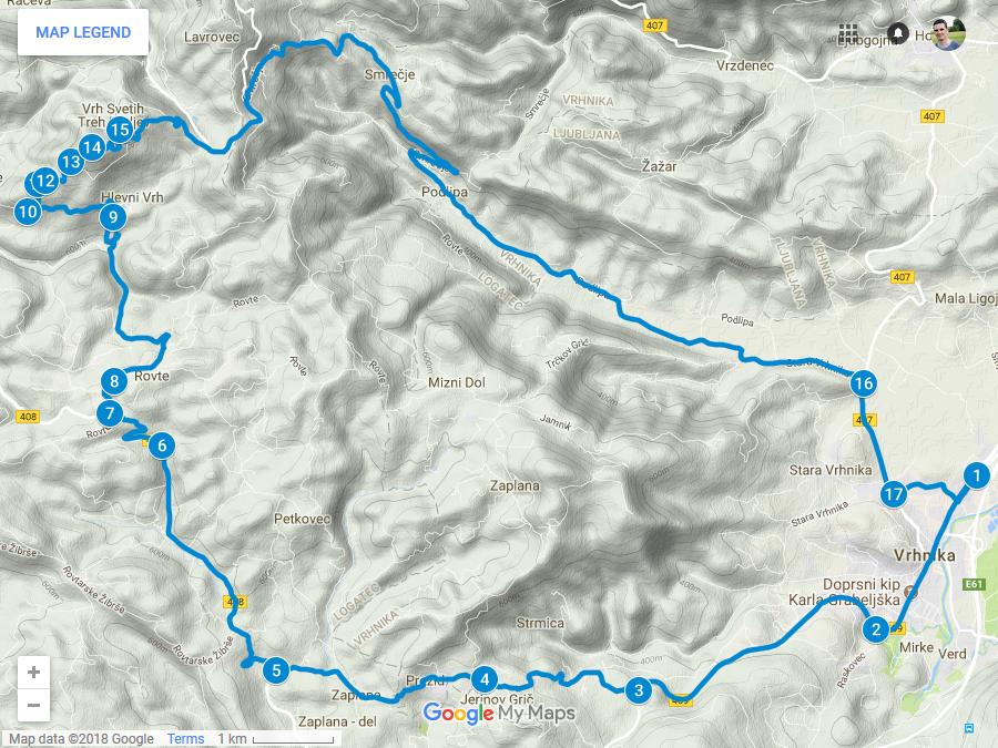 Zemljevid poti iz Vrhnike do vrha Sv. treh kraljev