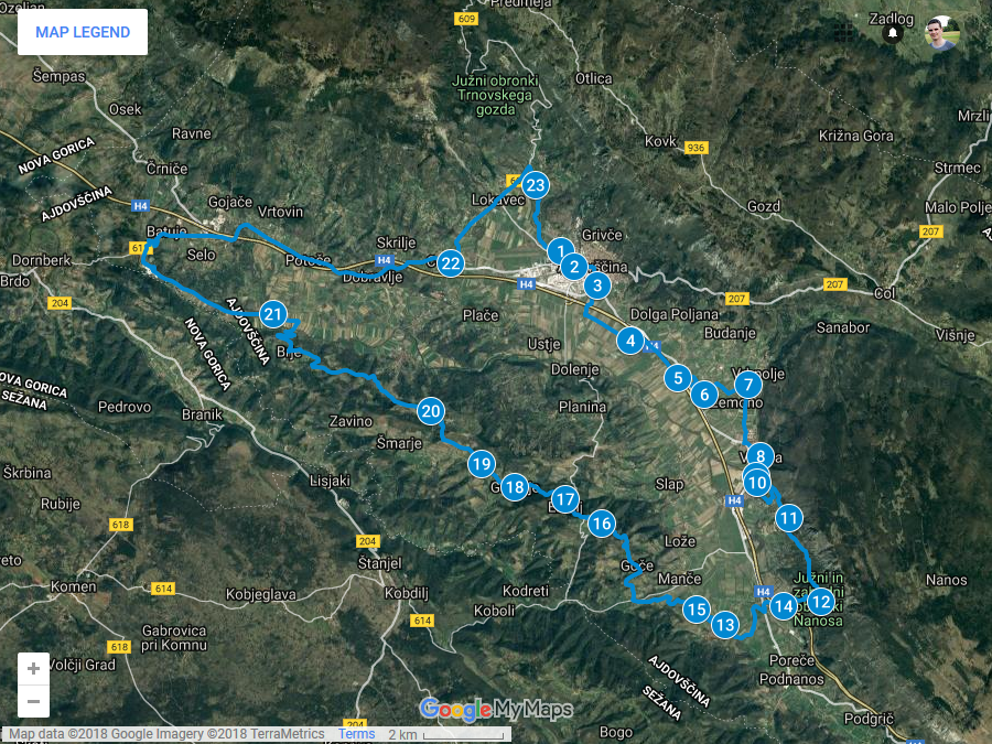 Zemljevid poti po okolici Ajdovščine in Vipave