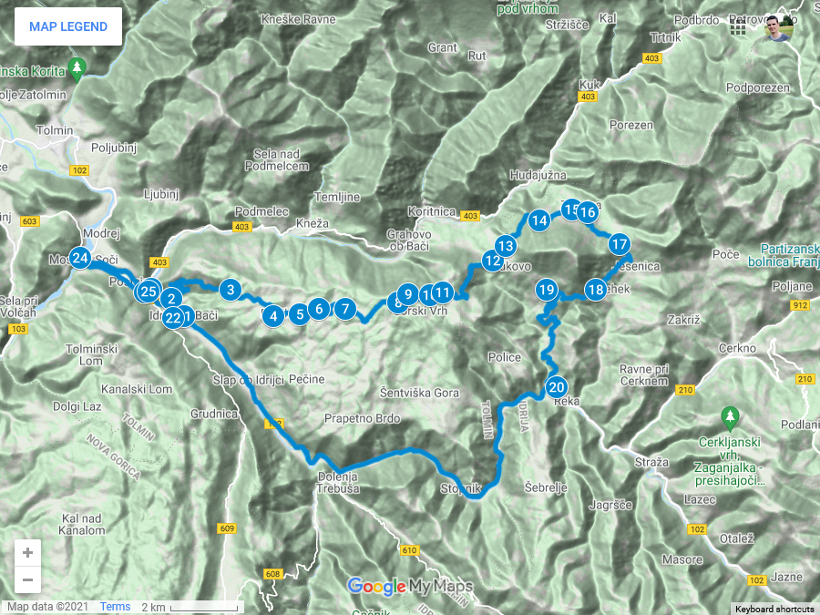 Zemljevid poti na Zakojca, Črvov vrh iz Bače pri Modreju
